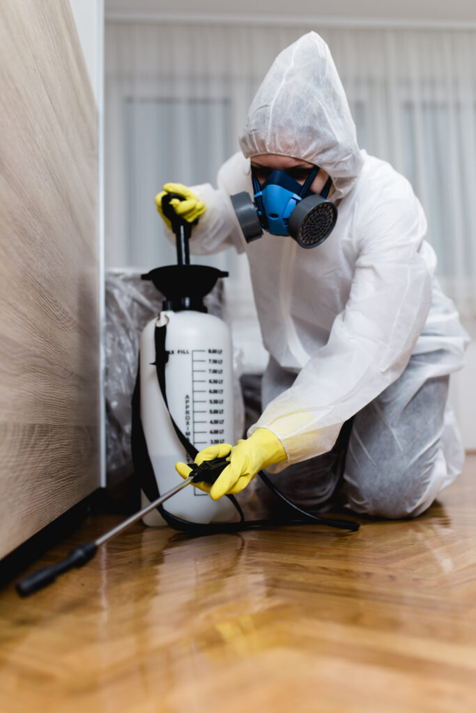Pest control technician wearing a white protective suit, respirator mask and yellow gloves using a pressure sprayer to treat the floor along a wall inside a home.